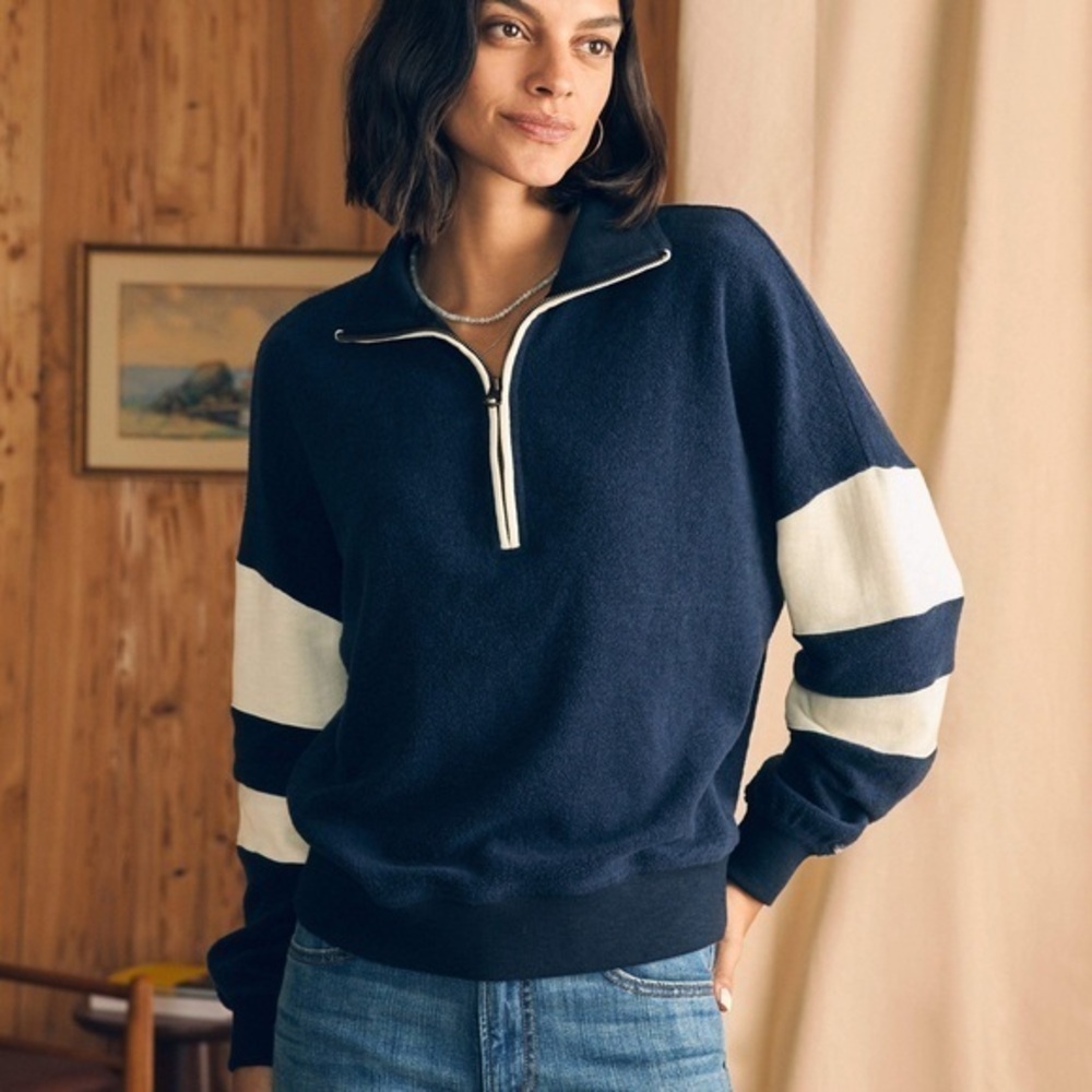 Faherty Beach Fleece Quarter Zip - Navy Multi  size XS